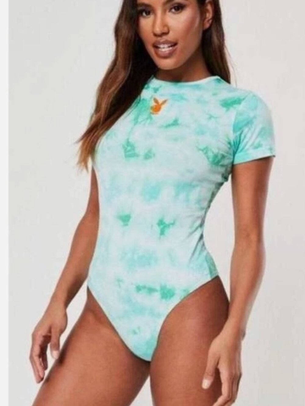 PLAYBOY X Missguided Green Tie-Dye Bodysuit with Orange Bunny Logo Sz L